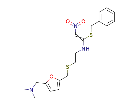 Molecular Structure of 136483-96-0 ((1-benzylsulfanyl-2-nitro-vinyl)-(2-(5-dimethylaminomethyl-furan-2-ylmethylsulfanyl)-ethyl)-amine)