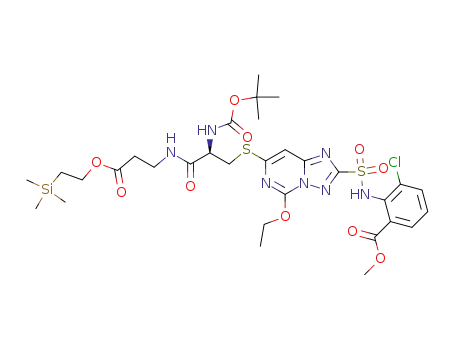 Molecular Structure of 172694-29-0 (2-(7-{(R)-2-tert-Butoxycarbonylamino-2-[2-(2-trimethylsilanyl-ethoxycarbonyl)-ethylcarbamoyl]-ethylsulfanyl}-5-ethoxy-[1,2,4]triazolo[1,5-c]pyrimidine-2-sulfonylamino)-3-chloro-benzoic acid methyl ester)