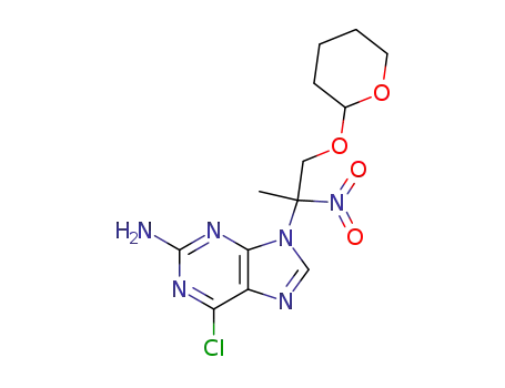 Molecular Structure of 911798-67-9 (2-amino-6-chloro-9-<1-nitro-1-<(tetrahydropyran-2-yloxy)methyl>ethyl>-9H-purine)