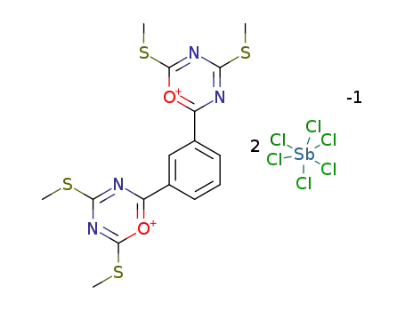 Molecular Structure of 125077-78-3 (2,2'-(1,3-Phenylen)bis<4,6-bis(methylthio)-1,3,5-oxadiazinium>-dihexachloroantimonat(V))