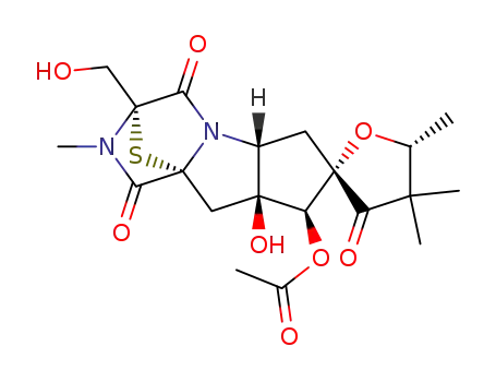 Molecular Structure of 64542-78-5 (Spiro[8H-3,9a-epithio-7H-cyclopenta[4,5]pyrrolo[1,2-a]pyrazine-7,2'(3'H)-furan]-1,3',4-trione,8-(acetyloxy)octahydro-8a-hydroxy-3-(hydroxymethyl)-2,4',4',5'-tetramethyl-, (2'S,3R,5'R,5aR,8S,8aS,9aR)-)