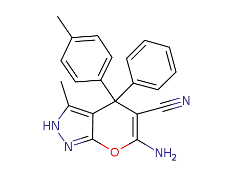 Molecular Structure of 1235990-73-4 (6-amino-2,4-dihydro-3-methyl-4-phenyl-4-p-tolylpyrano[2,3-c]pyrazole-5-carbonitrile)
