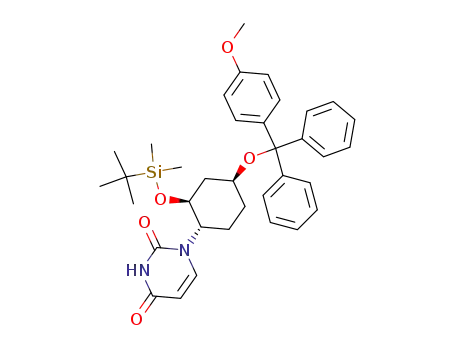 Molecular Structure of 878550-06-2 (1-{2'-[(tert-butyl)dimethylsilyloxy]-4'-[(4-methoxyphenyl)diphenylmethoxy]cyclohexyl}uracil)
