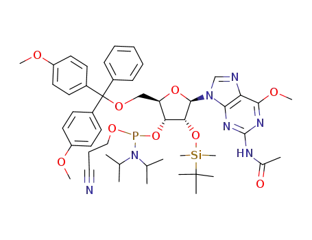 Molecular Structure of 153248-58-9 (N-Acetyl-5'-O-(4,4-dimethoxytrityl)-2'-O-[(tert-butyl)dimethylsilyl]-6'-O-methylguanosine-3'-(2-cyanoethyl-N,N-diisopropyl)phosphoramidite)