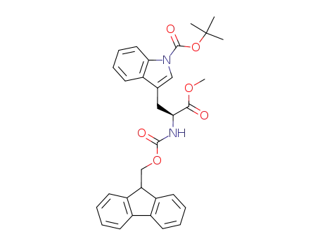 Molecular Structure of 405555-31-9 (tert-butyl (S)-3-(2-((((9H-fluoren-9-yl)methoxy)carbonyl)amino)-3-methoxy-3-oxopropyl)-1H-indole-1-carboxylate)