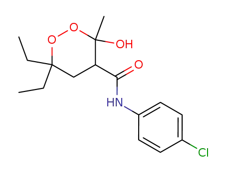 Molecular Structure of 139051-08-4 (1,2-Dioxane-4-carboxamide,
N-(4-chlorophenyl)-6,6-diethyl-3-hydroxy-3-methyl-, cis-)
