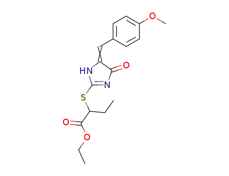 Molecular Structure of 89990-66-9 (Butanoic acid,
2-[[4,5-dihydro-4-[(4-methoxyphenyl)methylene]-5-oxo-1H-imidazol-2-yl]
thio]-, ethyl ester)