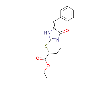 Molecular Structure of 89990-65-8 (Butanoic acid,
2-[[4,5-dihydro-4-oxo-5-(phenylmethylene)-1H-imidazol-2-yl]thio]-, ethyl
ester)
