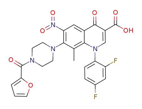 Molecular Structure of 1146300-52-8 (1-(2,4-difluorophenyl)-1,4-dihydro-7-(4-(2-furoyl)piperazin-1-yl)-8-methyl-6-nitro-4-oxoquinoline-3-carboxylic acid)