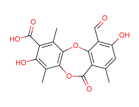 Molecular Structure of 668-14-4 (11H-Dibenzo[b,e][1,4]dioxepin-7-carboxylicacid, 4-formyl-3,8-dihydroxy-1,6,9-trimethyl-11-oxo-)