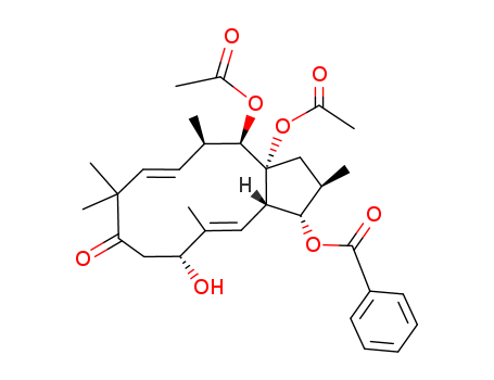 Molecular Structure of 126372-44-9 (8H-Cyclopentacyclododecen-8-one,13,13a-bis(acetyloxy)-3-(benzoyloxy)-1,2,3,3a,6,7,9,12,13,13a-decahydro-6-hydroxy-2,5,9,9,12-pentamethyl-,(2R,3S,3aS,4E,6R,10E,12S,13R,13aR)- (9CI))