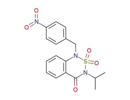 Molecular Structure of 132575-80-5 (3-Isopropyl-1-(4-nitro-benzyl)-2,2-dioxo-2,3-dihydro-1H-2λ<sup>6</sup>-benzo[1,2,6]thiadiazin-4-one)