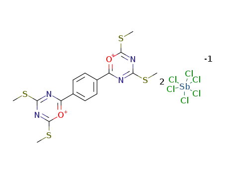 Molecular Structure of 125077-76-1 (2,2'-(1,4-Phenylen)bis<4,6-bis(methylthio)-1,3,5-oxadiazinium>-dihexachloroantimonat(V))