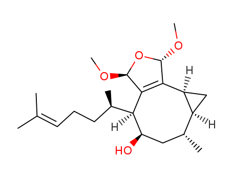 Molecular Structure of 99880-99-6 (1H-Cyclopropa[3,4]cycloocta[1,2-c]furan-5-ol,4-[(1R)-1,5-dimethyl-4-hexen-1-yl]-3,4,5,6,7,7a,8,8a-octahydro-1,3-dimethoxy-7-methyl-,(1S,3S,4S,5R,7R,7aS,8aS)-)