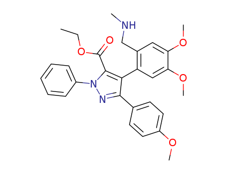 Molecular Structure of 143739-68-8 (1H-Pyrazole-5-carboxylic acid,
4-[4,5-dimethoxy-2-[(methylamino)methyl]phenyl]-3-(4-methoxyphenyl)-1
-phenyl-, ethyl ester)