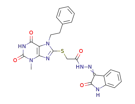 Molecular Structure of 107608-68-4 ((3-Methyl-2,6-dioxo-7-phenethyl-2,3,6,7-tetrahydro-1H-purin-8-ylsulfanyl)-acetic acid [2-oxo-1,2-dihydro-indol-(3Z)-ylidene]-hydrazide)