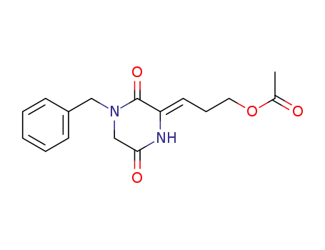 Molecular Structure of 88521-41-9 (2,5-Piperazinedione, 3-[3-(acetyloxy)propylidene]-1-(phenylmethyl)-,
(Z)-)