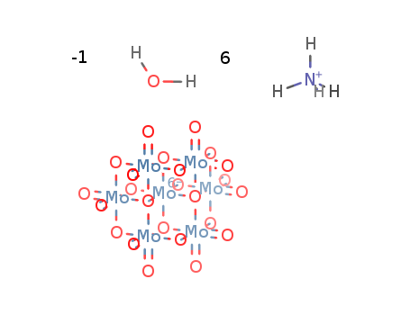 12027-67-7,Hexaammonium molybdate,Ammoniummolybdate(VI) ((NH4)6Mo7O24) (6CI);Molybdate (Mo7O246-), hexaammonium (9CI);Molybdic acid (H6Mo7O24), hexaammonium salt (8CI);Ammonium heptamolybdate;Ammonium heptamolybdate ((NH4)6Mo7O24);Ammonium molybdate((NH4)6Mo7O24);Ammonium paramolybdate;Ammonium paramolybdate ((NH4)6Mo7O24);Hexaammonium heptamolybdate;Hexaammonium tetracosaoxoheptamolybdate;Hexaammonium tetracosaoxoheptamolybdate(6-);PM 20;TF 2000;