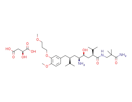 Molecular Structure of 1327153-72-9 ((2S),(4S),(5S),(7S)-N-(3-amino-2,2-dimethyl-3-oxopropyl)-2,7-di(1-methylethyl)-4-hydroxy-5-amino-8-[4-methoxy-3-(3-methoxy-propoxy)phenyl]-octanamide L-malate)