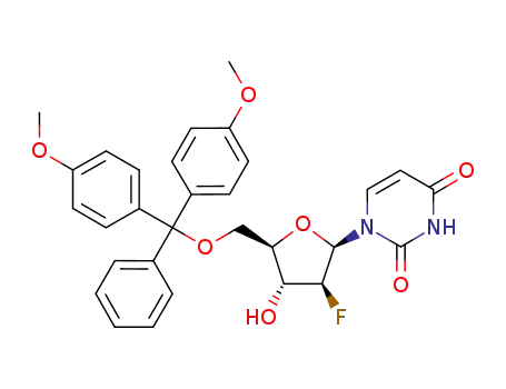 Molecular Structure of 144822-63-9 (1-[5-O-[Bis(4-methoxyphenyl)phenylmethyl]-2-deoxy-2-fluoro-beta-D-arabinofuranosyl]-2,4(1H,3H)-pyrimidinedione)