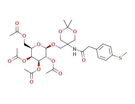 Molecular Structure of 1400872-58-3 (5-[O-(2',3',4',6'-tetra-O-acetyl-β-D-galactopyranosyl)oxymethyl]-5-{N-[(4-methylthiobenzyl)carboximido]}-2,2-dimethyl-1,3-dioxane)