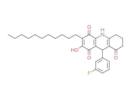 Molecular Structure of 1448168-14-6 (9-(3-fluorophenyl)-2-hydroxy-3-undecyl-6,7,9,10-tetrahydro-5H-acridine-1,4,8-trione)