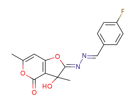 Molecular Structure of 1449493-91-7 ((2Z)-2-[(2E)-(4-fluorobenzylidene)hydrazinylidene]-2,3-dihydro-3-hydroxy-3,6-dimethyl-4H-furo[3,2-c]pyran-4-one)