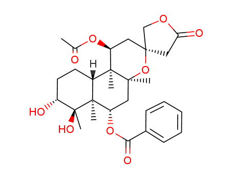 114489-73-5,Spiro[furan-3(2H),3'-[3H]naphtho[2,1-b]pyran]-5(4H)-one,1'-(acetyloxy)-6'-(benzoyloxy)dodecahydro-7',8'-dihydroxy-4'a,6'a,7',10'b-tetramethyl-,(1'S,3R,4'aS,6'S,6'aS,7'R,8'R,10'aS,10'bS)-,Spiro[furan-3(2H),3'-[3H]naphtho[2,1-b]pyran]-5(4H)-one,1'-(acetyloxy)-6'-(benzoyloxy)dodecahydro-7',8'-dihydroxy-4'a,6'a,7',10'b-tetramethyl-,[1'S-(1'a,3'a,4'ab,6'b,6'ab,7'a,8'b,10'aa,10'bb)]-; (-)-Scuterivulactone C1; Scutellone A; Scuterivulactone C1