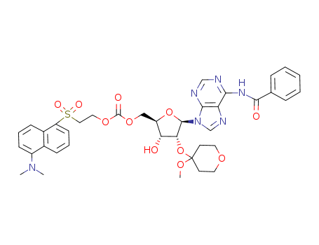 Molecular Structure of 141577-97-1 (Adenosine, N-benzoyl-2'-O-(tetrahydro-4-methoxy-2H-pyran-4-yl)-,
5'-[2-[[5-(dimethylamino)-1-naphthalenyl]sulfonyl]ethyl carbonate])
