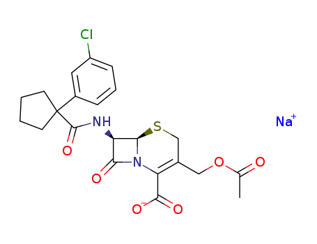 Molecular Structure of 143407-76-5 (sodium (6R,7R)-3-[(acetyloxy)methyl]-7-({[1-(3-chlorophenyl)cyclopentyl]carbonyl}amino)-8-oxo-5-thia-1-azabicyclo[4.2.0]oct-2-ene-2-carboxylate)