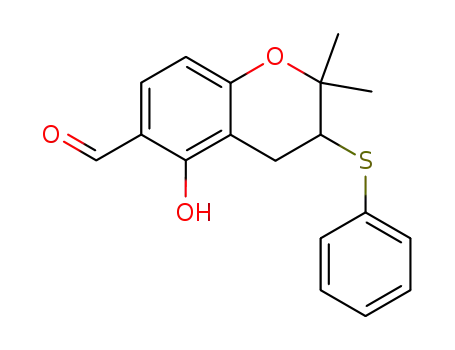 Molecular Structure of 87963-59-5 (2H-1-Benzopyran-6-carboxaldehyde,
3,4-dihydro-5-hydroxy-2,2-dimethyl-3-(phenylthio)-)