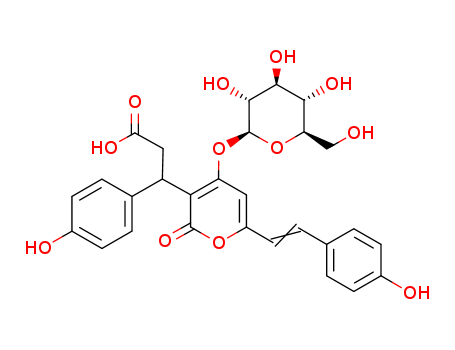 Molecular Structure of 121421-63-4 (2H-Pyran-3-propanoicacid, 4-(b-D-glucopyranosyloxy)-b-(4-hydroxyphenyl)-6-[(1Z)-2-(4-hydroxyphenyl)ethenyl]-2-oxo-(9CI))
