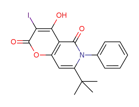 Molecular Structure of 380631-18-5 (7-tert-butyl-2-hydroxy-3-iodo-6-phenyl-4H-pyrano[3,2-c]pyridine-4,5(6H)-dione)