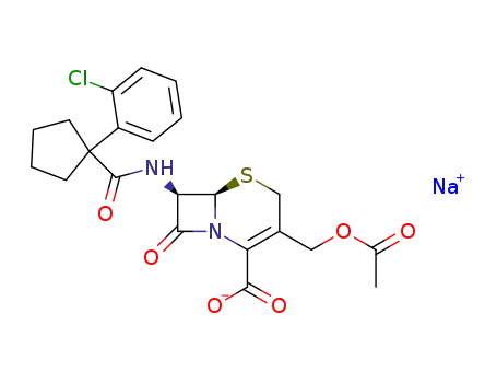 Molecular Structure of 143433-73-2 (sodium (6R,7R)-3-[(acetyloxy)methyl]-7-({[1-(2-chlorophenyl)cyclopentyl]carbonyl}amino)-8-oxo-5-thia-1-azabicyclo[4.2.0]oct-2-ene-2-carboxylate)