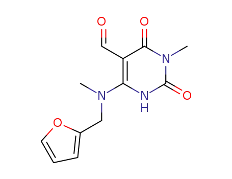 Molecular Structure of 182358-13-0 (5-Pyrimidinecarboxaldehyde,
4-[(2-furanylmethyl)methylamino]-1,2,3,6-tetrahydro-1-methyl-2,6-dioxo-)