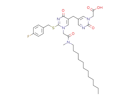 Molecular Structure of 259532-14-4 ({5-[1-[(dodecyl-methyl-carbamoyl)-methyl]-2-(4-fluoro-benzylsulfanyl)-4-oxo-1,4-dihydro-pyrimidin-5-ylmethyl]-2-oxo-2<i>H</i>-pyrimidin-1-yl}-acetic acid)