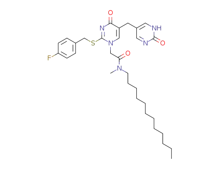 Molecular Structure of 224775-04-6 (<i>N</i>-dodecyl-2-[2-(4-fluoro-benzylsulfanyl)-4-oxo-5-(2-oxo-1,2-dihydro-pyrimidin-5-ylmethyl)-4<i>H</i>-pyrimidin-1-yl]-<i>N</i>-methyl-acetamide)