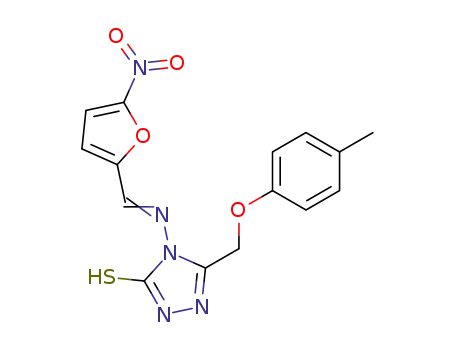 Molecular Structure of 118794-58-4 (4-{[1-(5-Nitro-furan-2-yl)-meth-(E)-ylidene]-amino}-5-p-tolyloxymethyl-4H-[1,2,4]triazole-3-thiol)