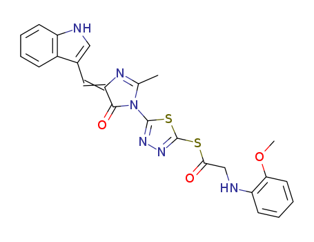 127248-81-1,S-{5-[(4E)-4-(1H-indol-3-ylmethylidene)-2-methyl-5-oxo-4,5-dihydro-1H-imidazol-1-yl]-1,3,4-thiadiazol-2-yl} [(2-methoxyphenyl)amino]ethanethioate,Ethanethioicacid, [(2-methoxyphenyl)amino]-,S-[5-[4,5-dihydro-4-(1H-indol-3-ylmethylene)-2-methyl-5-oxo-1H-imidazol-1-yl]-1,3,4-thiadiazol-2-yl]ester (9CI)