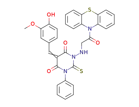 Molecular Structure of 141177-59-5 ((5Z)-5-[(4-hydroxy-3-methoxyphenyl)methylidene]-1-{[2-oxo-2-(10H-phenothiazin-10-yl)ethyl]amino}-3-phenyl-2-thioxodihydropyrimidine-4,6(1H,5H)-dione)