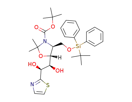 Molecular Structure of 138383-64-9 ((4S,5R)-4-(tert-Butyl-diphenyl-silanyloxymethyl)-5-((1S,2S)-1,2-dihydroxy-2-thiazol-2-yl-ethyl)-2,2-dimethyl-oxazolidine-3-carboxylic acid tert-butyl ester)