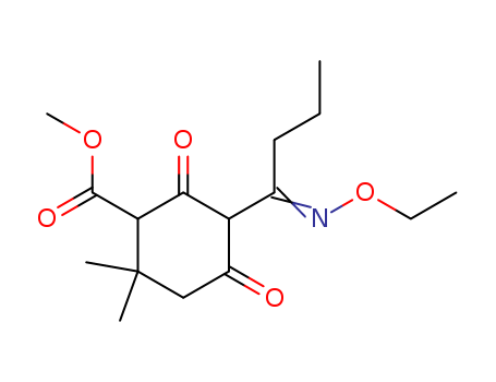 Molecular Structure of 138972-25-5 (Cyclohexanecarboxylic acid,
5-[1-(ethoxyimino)butyl]-2,2-dimethyl-4,6-dioxo-, methyl ester)