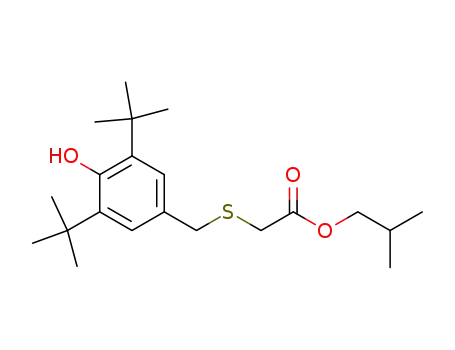Molecular Structure of 113966-02-2 (Acetic acid, [[[3,5-bis(1,1-dimethylethyl)-4-hydroxyphenyl]methyl]thio]-,
2-methylpropyl ester)
