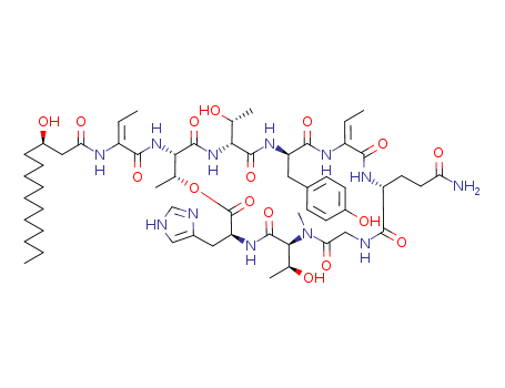 Molecular Structure of 69880-24-6 (L-Histidine,(2E)-2-[[(3R)-3-hydroxy-1-oxotetradecyl]amino]-2-butenoyl-L-threonyl-D-allothreonyl-D-tyrosyl-(2E)-2-amino-2-butenoyl-D-glutaminylglycyl-N-methyl-L-allothreonyl-,(9®2)-lactone (9CI))