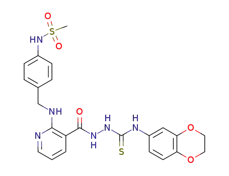 Molecular Structure of 900144-19-6 (3-Pyridinecarboxylic acid,
2-[[[4-[(methylsulfonyl)amino]phenyl]methyl]amino]-,
2-[[(2,3-dihydro-1,4-benzodioxin-6-yl)amino]thioxomethyl]hydrazide)