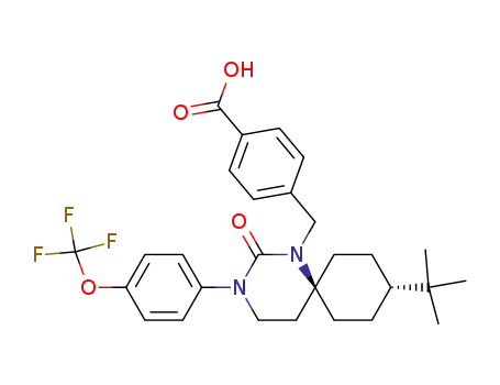 Molecular Structure of 706813-28-7 (4-((9-(Tert-butyl)-2-oxo-3-(4-(trifluoromethoxy)phenyl)-1,3-diazaspiro[5.5]undecan-1-yl)methyl)benzoic acid)