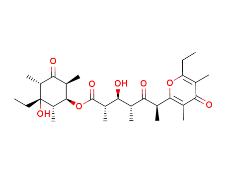 Molecular Structure of 123003-45-2 (4H-Pyran-2-hexanoicacid, 6-ethyl-b-hydroxy-a,g,e,3,5-pentamethyl-d,4-dioxo-,(1S,2S,3S,4S,6S)-3-ethyl-3-hydroxy-2,4,6-trimethyl-5-oxocyclohexyl ester, (aS,bS,gR,eR)- (9CI))