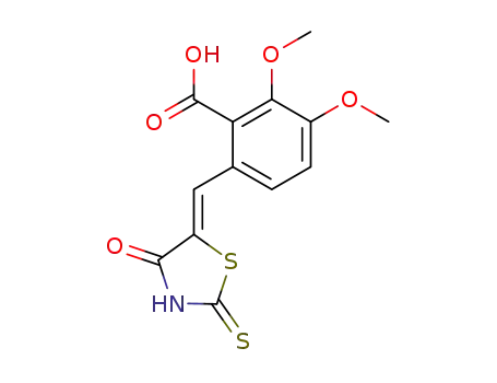 Molecular Structure of 89863-34-3 (Benzoic acid,
2,3-dimethoxy-6-[(4-oxo-2-thioxo-5-thiazolidinylidene)methyl]-)