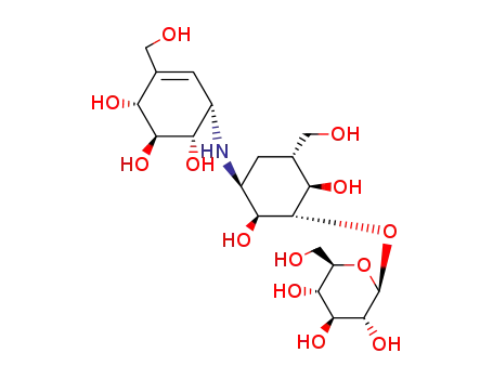Molecular Structure of 78180-90-2 (D-chiro-Inositol,1,5,6-trideoxy-3-O-b-D-glucopyranosyl-5-(hydroxymethyl)-1-[[4,5,6-trihydroxy-3-(hydroxymethyl)-2-cyclohexen-1-yl]amino]-,[1S-(1a,4a,5b,6a)]- (9CI))