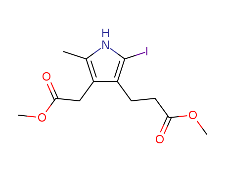 Molecular Structure of 114091-92-8 (1H-Pyrrole-3-propanoic acid,
2-iodo-4-(2-methoxy-2-oxoethyl)-5-methyl-, methyl ester)